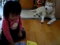 Ребёнок играет, собака поёт